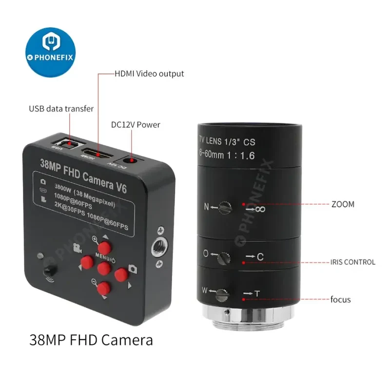 Caméra industrielle 38 MP HDMI 60 FPS, objectif 6-60 mm F1.6, caméra numérique en direct
