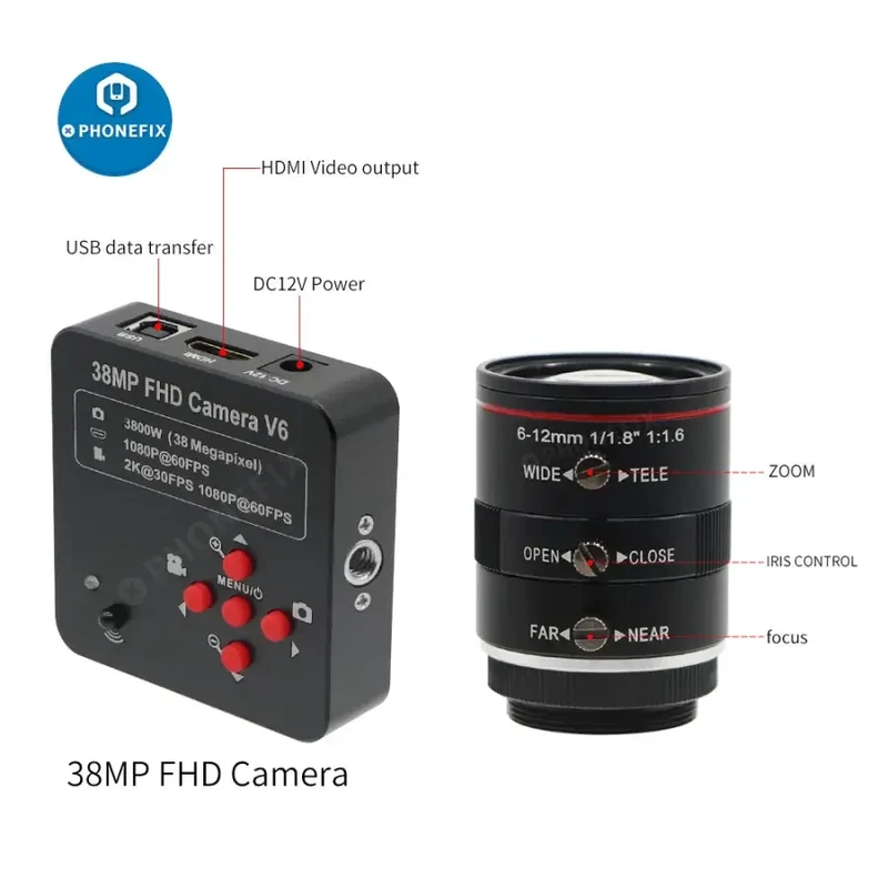 Caméra numérique 38 MP 60 ips HDMI, objectif 6-12 mm F1.6, Live Industry