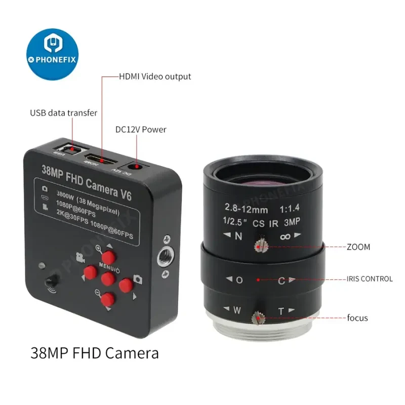 Caméra 38MP HDMI 3800W, objectif 2.8-12 mm F1.4, caméra industrielle en direct