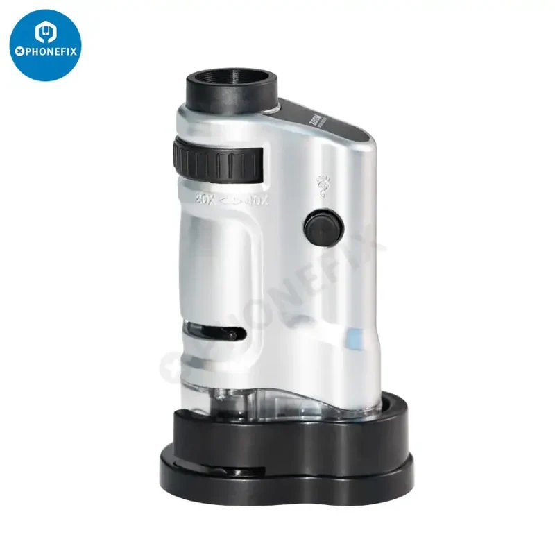 Microscope de poche à éclairage LED 20-40X avec loupe zoom et base coulissante