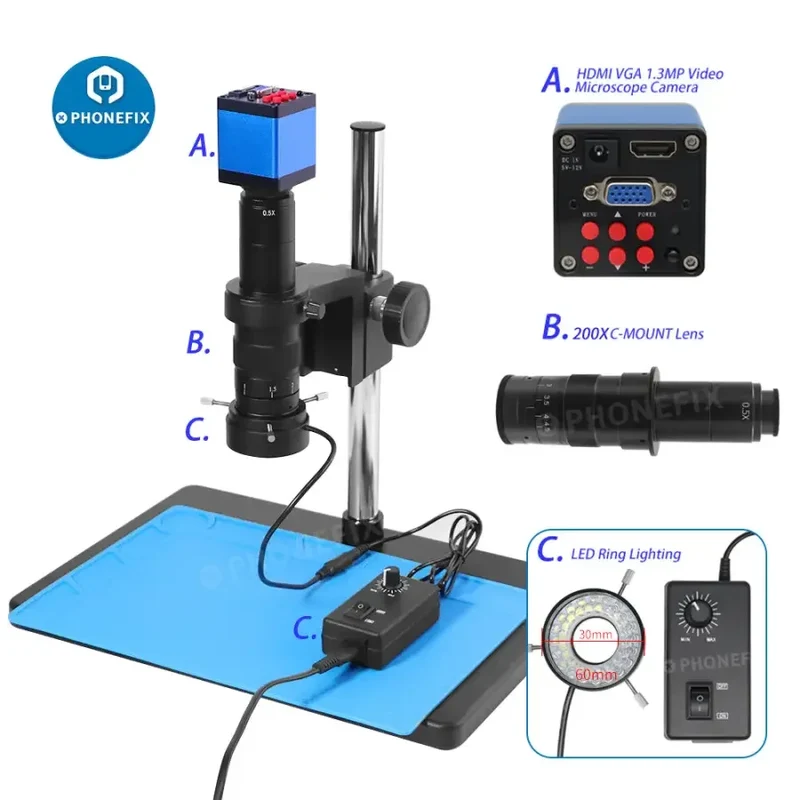 Kit de microscope numérique avec caméra vidéo HDMI VGA 13 MP pour la réparation de circuits imprimés