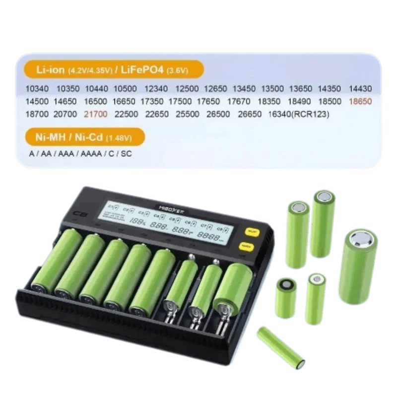 Chargeur de Batterie 8 Emplacements pour Li-ion Lifepo4 Ni-Mh, Ni-Cd