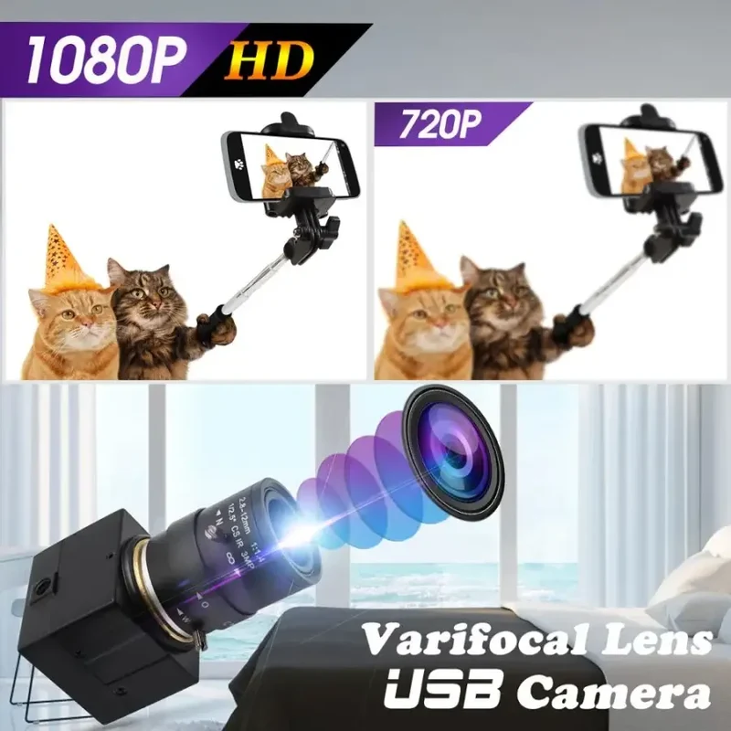 Caméra USB industrielle 120 ips, webcam Full HD avec objectif varifocal