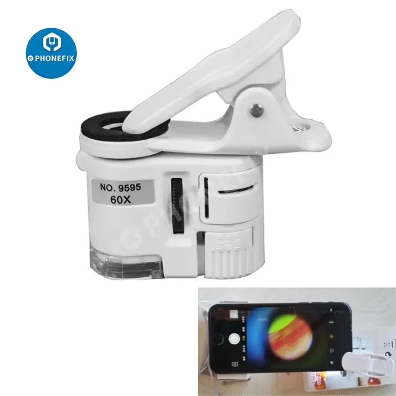 Microscope portable universel à clip 60X avec loupe LED et mise au point