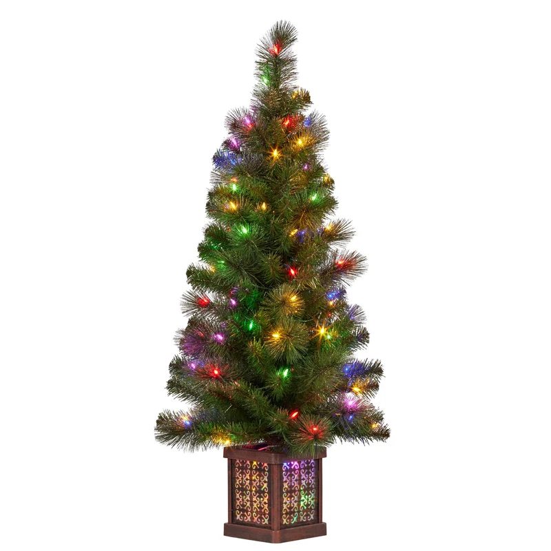 Christabelle 4ft Christmas Tree Glittery Gold Pine Foliage LED Multi Lights Xmas Decor