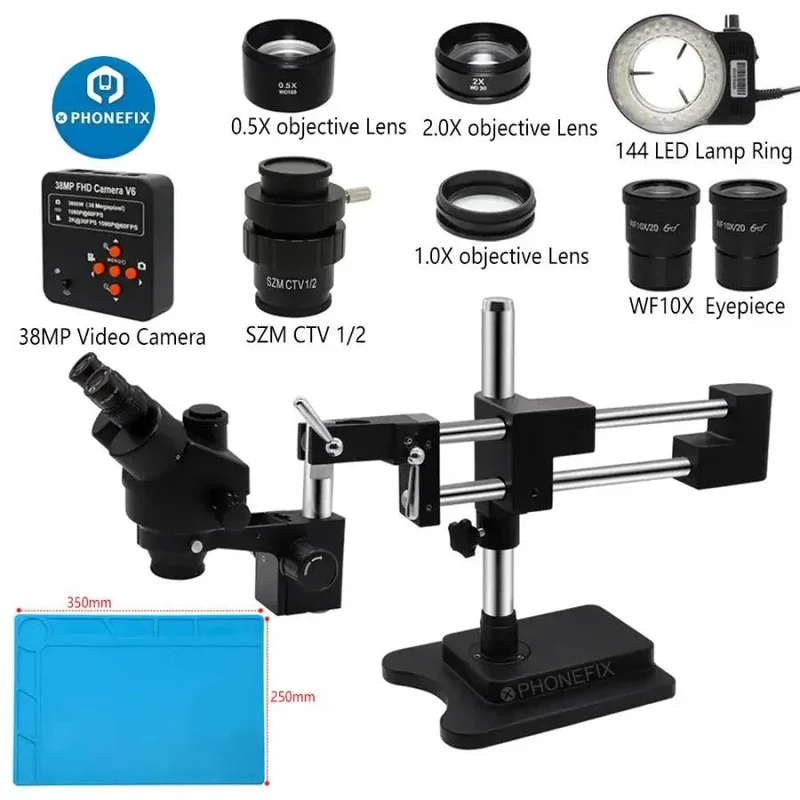 Microscope stéréo trinoculaire à double perche et zoom noir 3.5X-90X