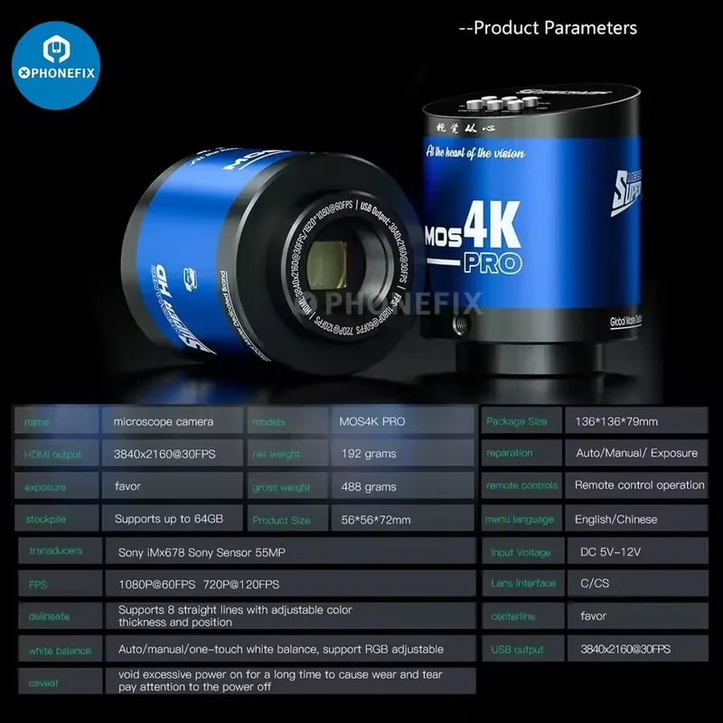 Caméra de microscope industriel Mechanic MOS 4K Pro Caméra vidéo HD 4K