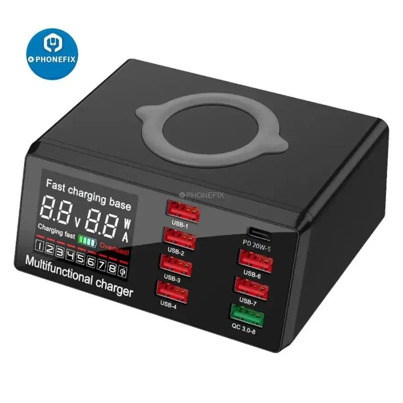 Station de charge rapide USB multifonction 8 ports avec sans fil 100 W