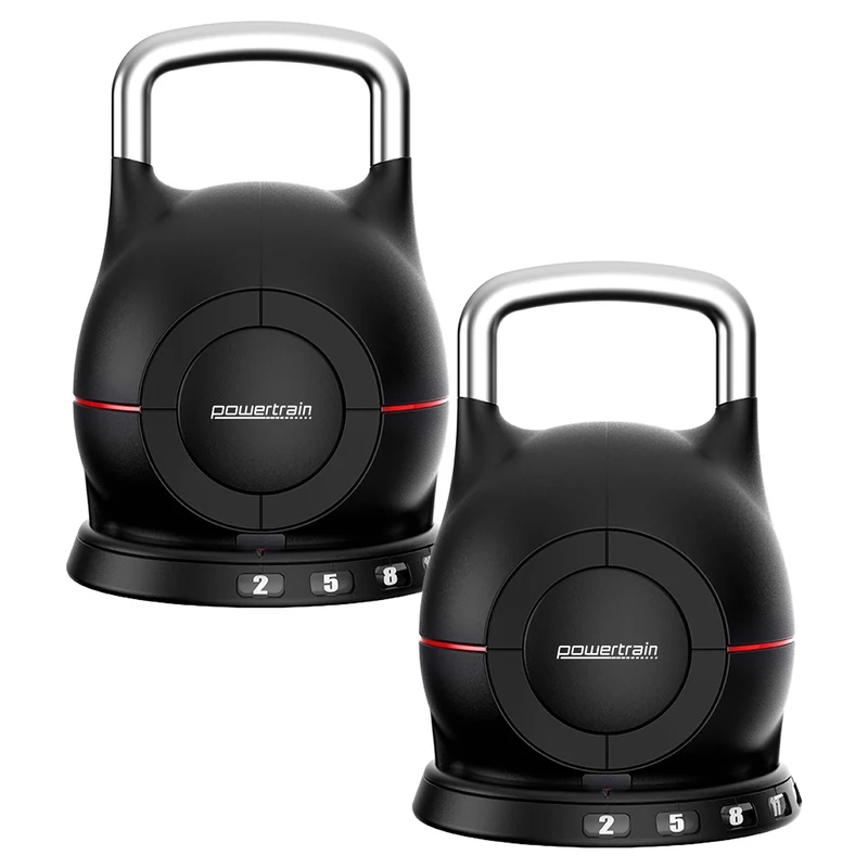Powertrain 2x 20kg Adjustable Kettlebell Pair Quick Adjust Weight Set for Home Gym Strength & Fitness Workout