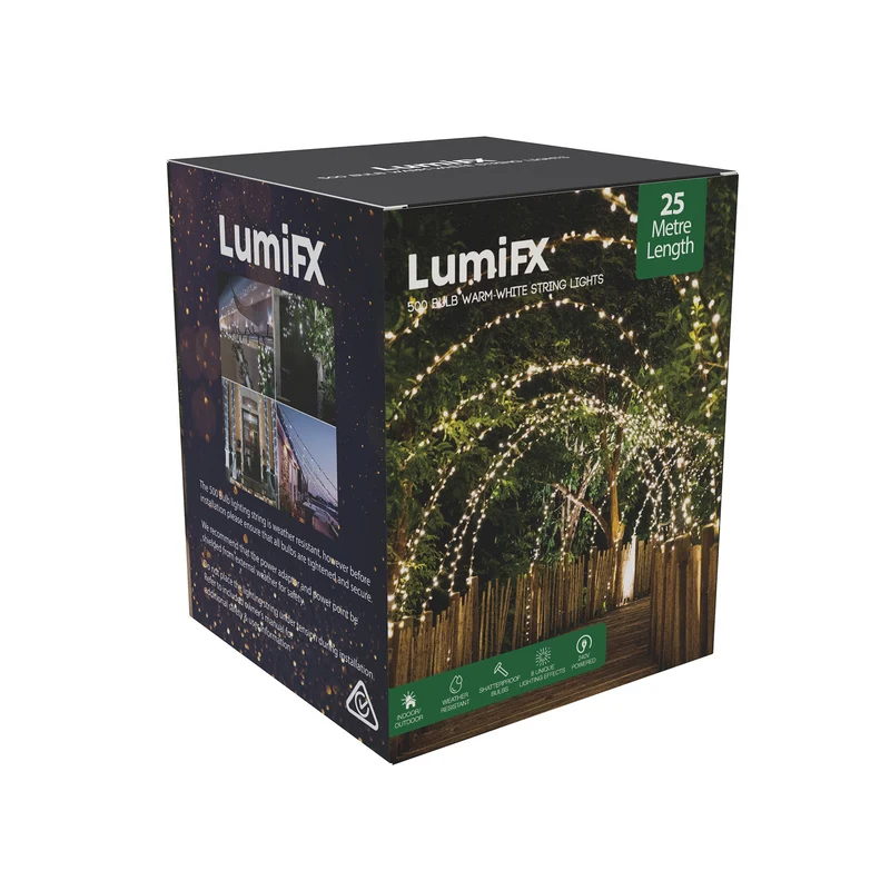 LumiFX 500 LED powered string lights 25 metres warm white 8 lighting effects