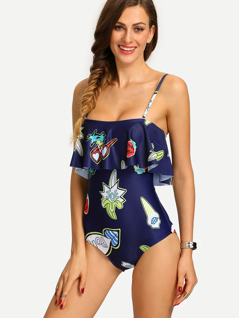 Graffiti Print Flounce One-Piece Swimwear