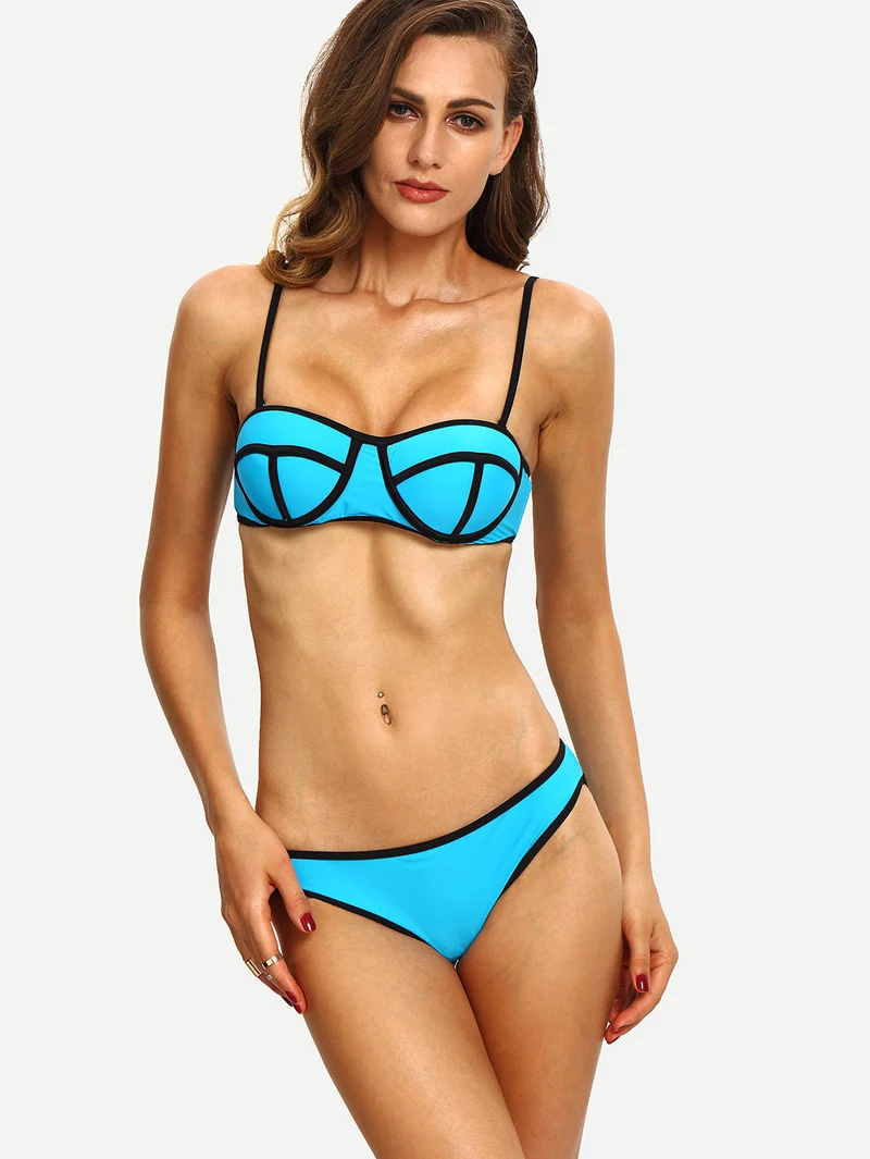 Block Contrast Trim Bikini Set