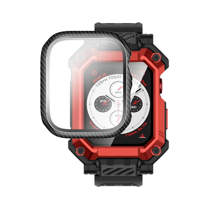 Apple Watch Unicorn Beetle PRO GLASS Rugged Wristband Case with Tempered Glass Screen Protector 45mm-Metallic Red