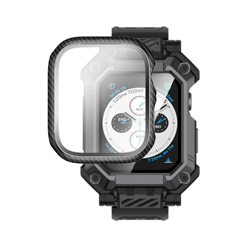 Apple Watch Unicorn Beetle PRO GLASS Rugged Wristband Case with Tempered Glass Screen Protector 45mm-Black