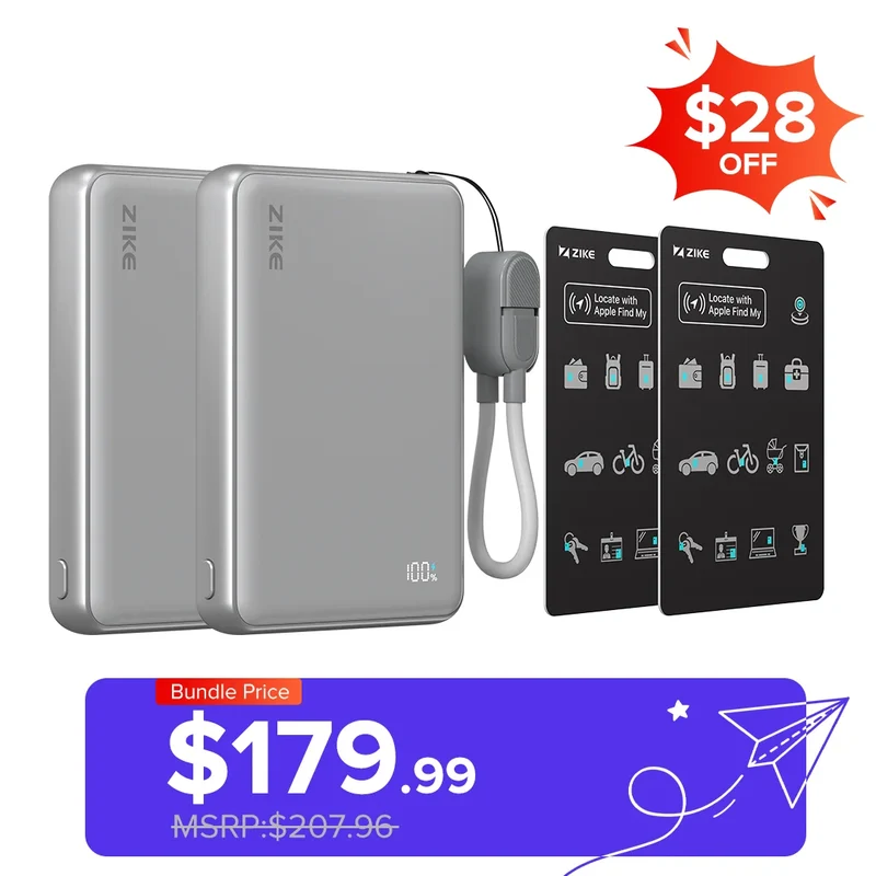 ZIKE Z006 Smart Tracking Card ×2 + Z1052 10000mAh Solid-State Qi2 Power Bank ×2 Bundle