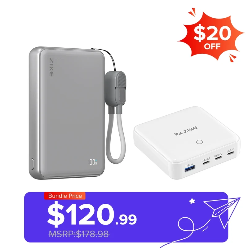 ZIKE Z1052 10000mAh Qi2 Power Bank + Z1810 100W 4-Port GaN Desktop Charger Bundle