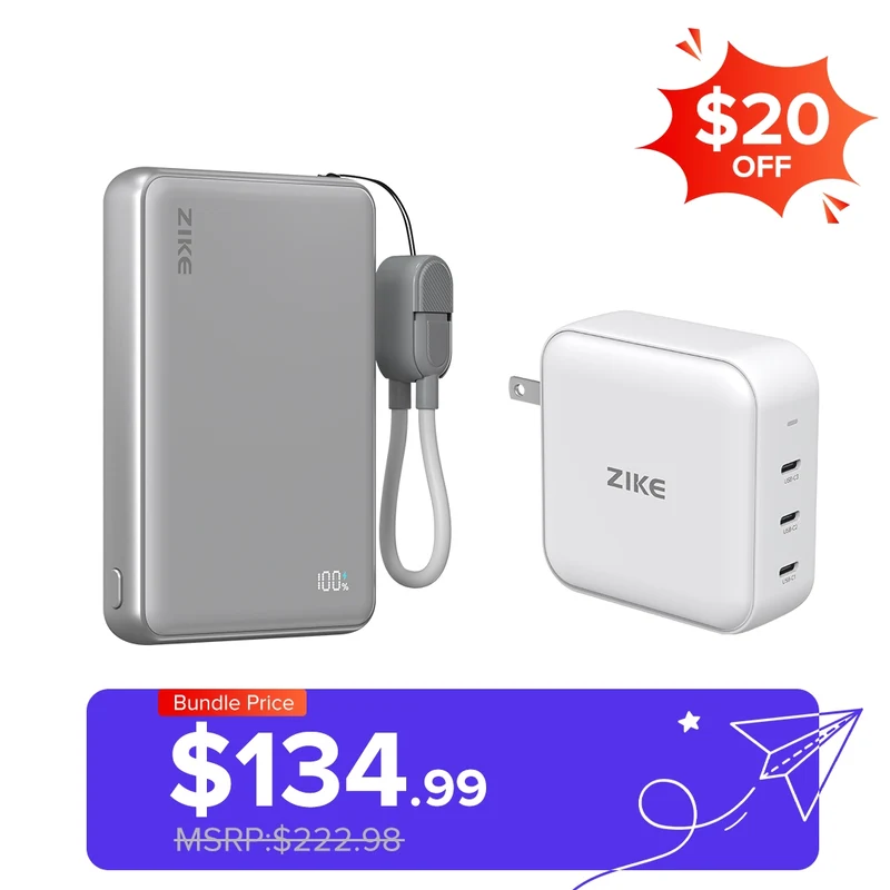 ZIKE Z1052 10000mAh Qi2 Power Bank + Z1214 140W 3-Port GaN Charger Bundle