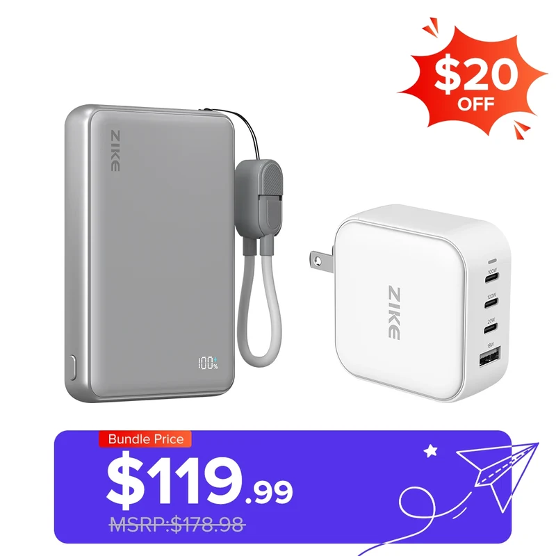 （Bundle Pack）ZIKE Z1052 Solid-State Qi2 15W Power Bank 10000mAh+100W GaN 4 Ports Charger