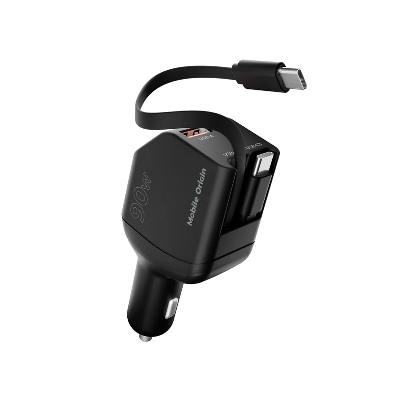 Autonabíječka s kabelem USB-C + USB-A, 2× USB-C kabel CA22, 90W, Černá