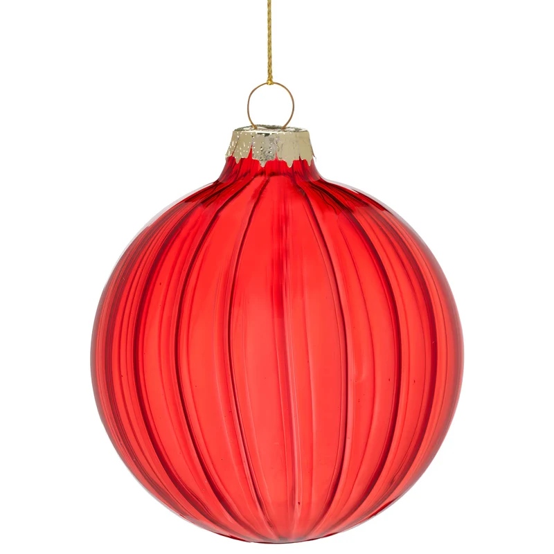 Christabelle Glossy Red Glass Baubles 6Pcs with Textured Stripe Pattern Balls Christmas Tree Decoration