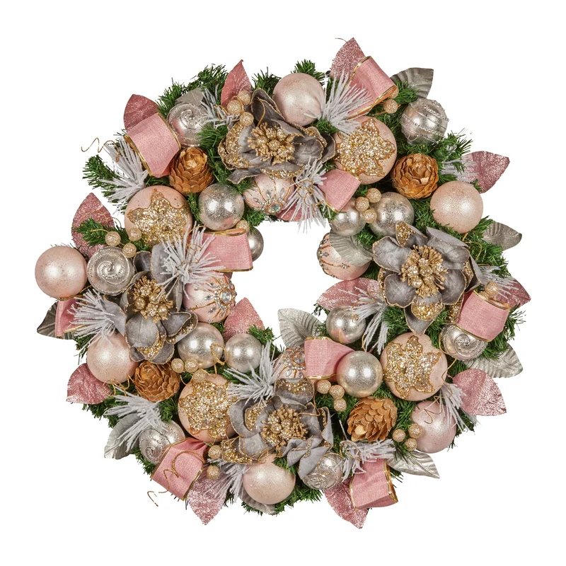 Christabelle 71cm Christmas Wreath Pink Front Door Decoration Jewelled Baubles Flowers Pine Cones Ribbons Ornaments