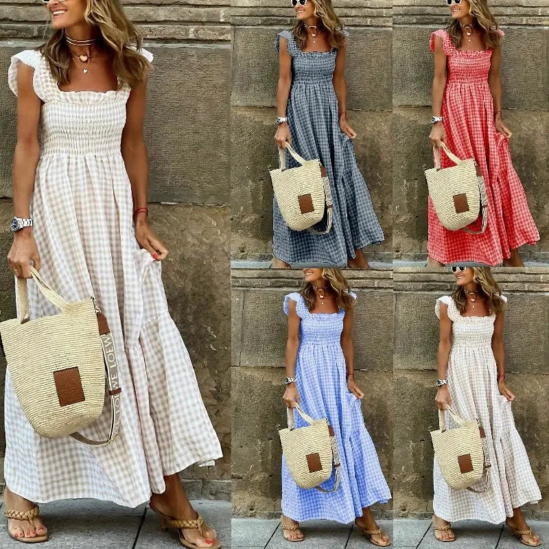 Robe Longue à Carreaux Vichy – Style Rétro Chic avec Volants et Poitrine Élastique