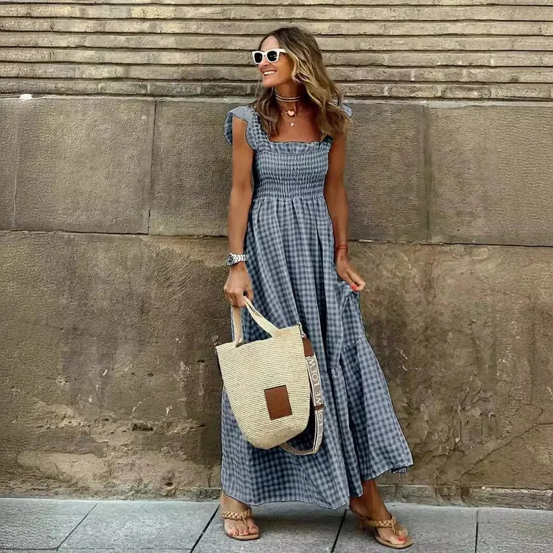 Robe Longue à Carreaux Vichy – Style Rétro Chic avec Volants et Poitrine Élastique