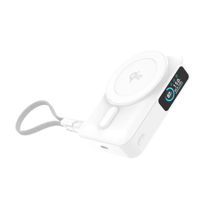 Bezdrátová Semi-Solid powerbanka s displejem MagSafe PB19, 10000mAh, Qi2 15W, USB-C kabel, Bílá