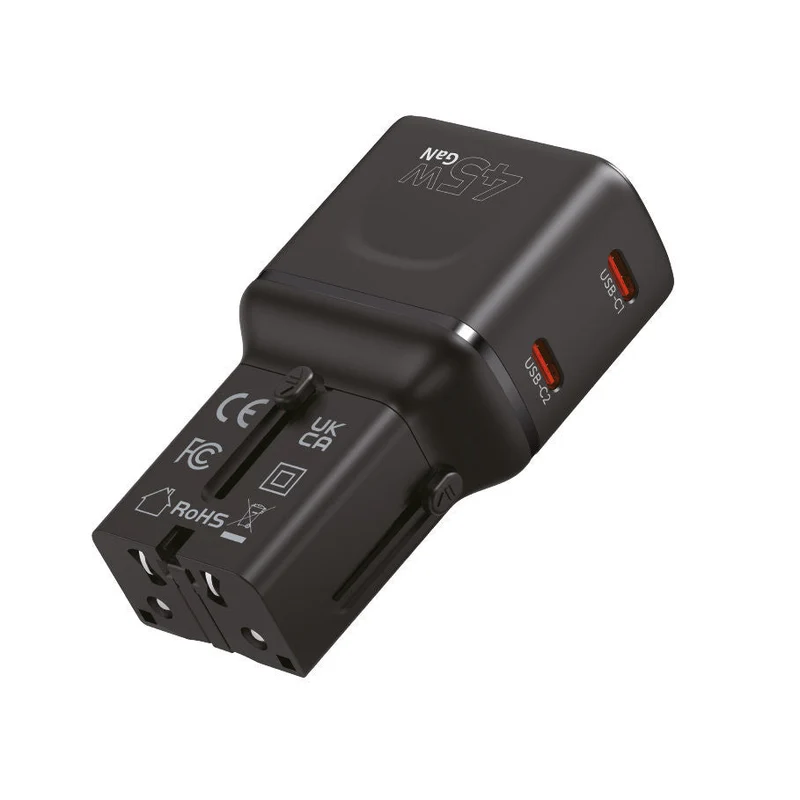 Cestovní adaptér GaN USB-C PW26, 45W, EU/US/UK/AU, Černá