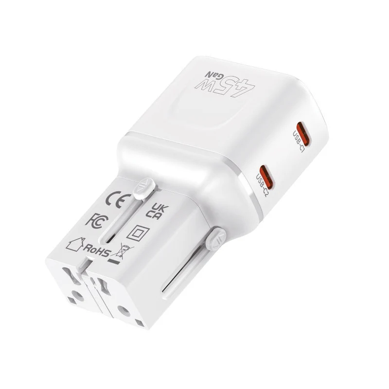 Cestovní adaptér GaN USB-C PW26, 45W, EU/US/UK/AU, Bílá