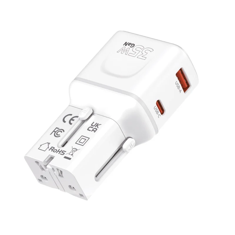 Cestovní adaptér GaN USB-C + USB-A PW25, 35W, EU/US/UK/AU, Bílá