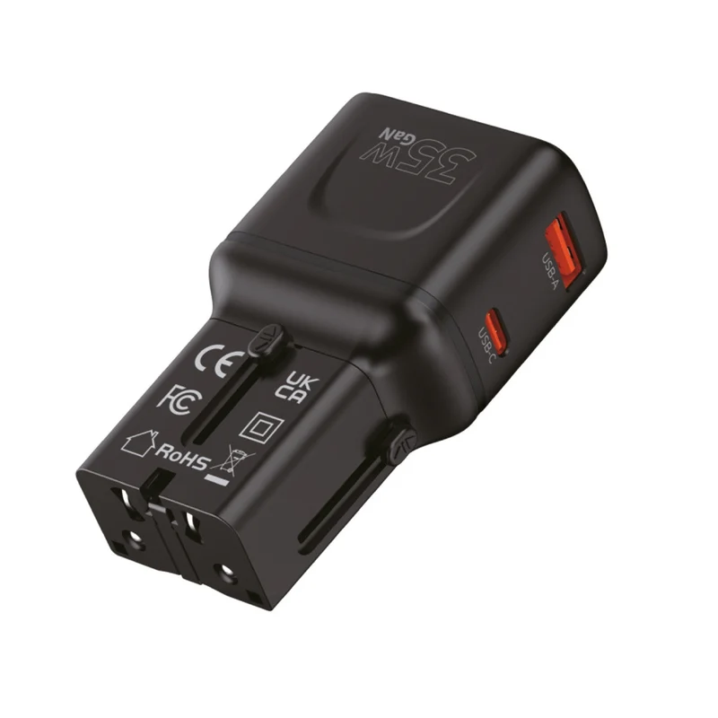 Cestovní adaptér GaN USB-C + USB-A PW25, 35W, EU/US/UK/AU, Černá