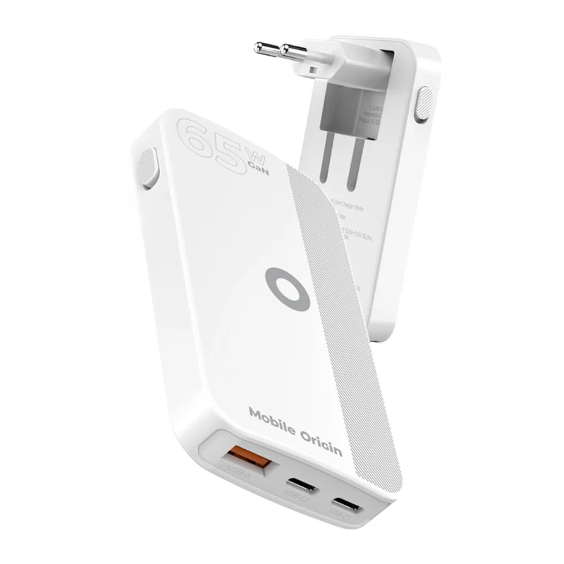 Tenká nabíječka GaN 2× USB-C + USB-A, 65W, Bílá