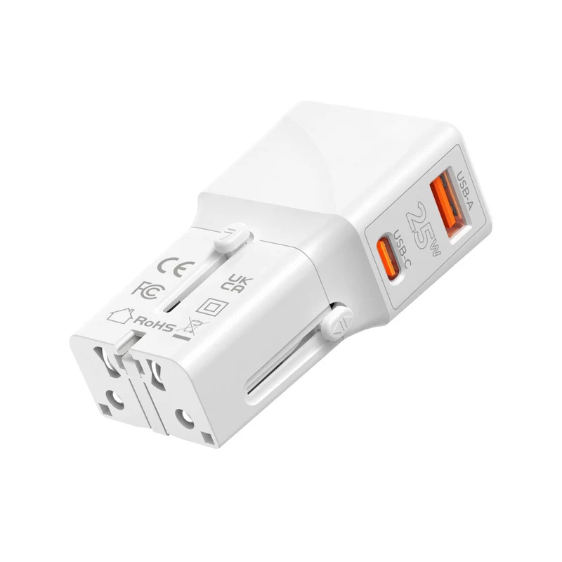 Cestovní adaptér EU/US/UK/AU USB-C + USB-A, 25W, Bílá