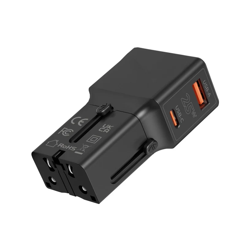 Cestovní adaptér EU/US/UK/AU USB-C + USB-A, 25W, Černá