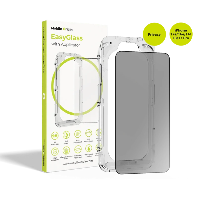 Ochranné sklo EasyGlass Privacy s aplikátorem, pro iPhone 17e / iPhone 16e / iPhone 14 / iPhone 13 / iPhone 13 Pro