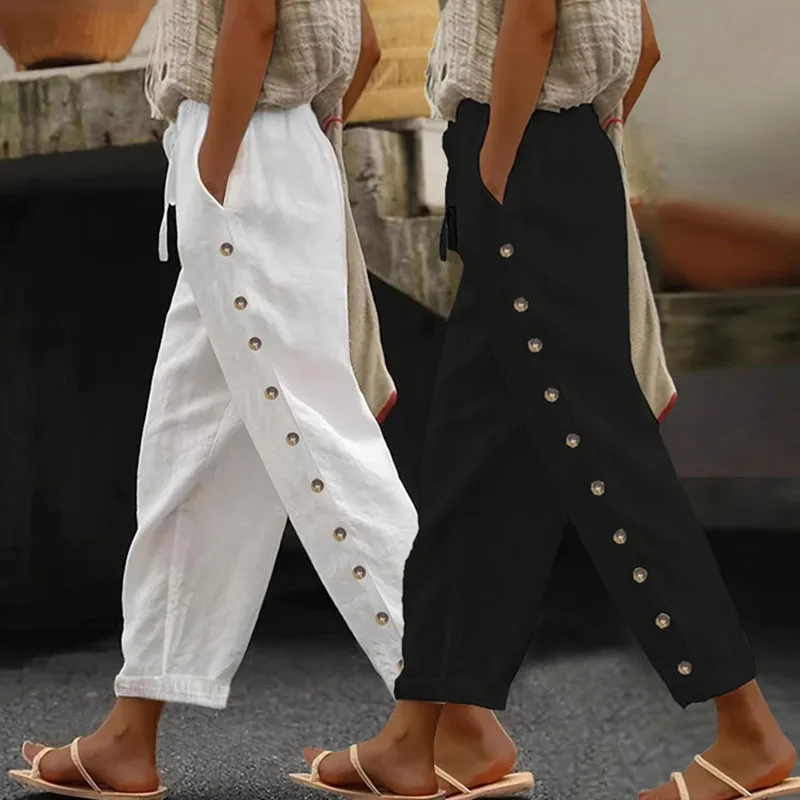 Pantalon en Lin & Coton à Taille Élastique 7/8 - Détail Bouton Longueur