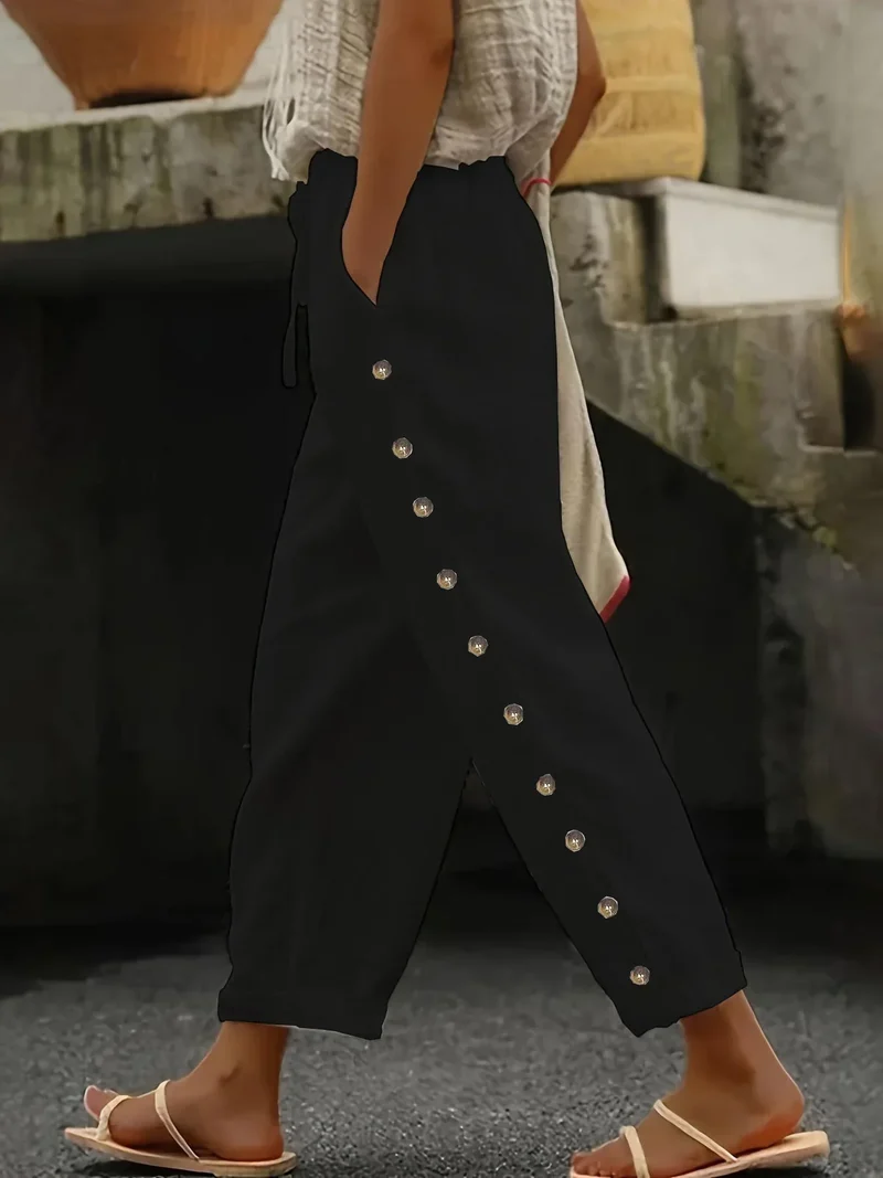 Pantalon en Lin & Coton à Taille Élastique 7/8 - Détail Bouton Longueur