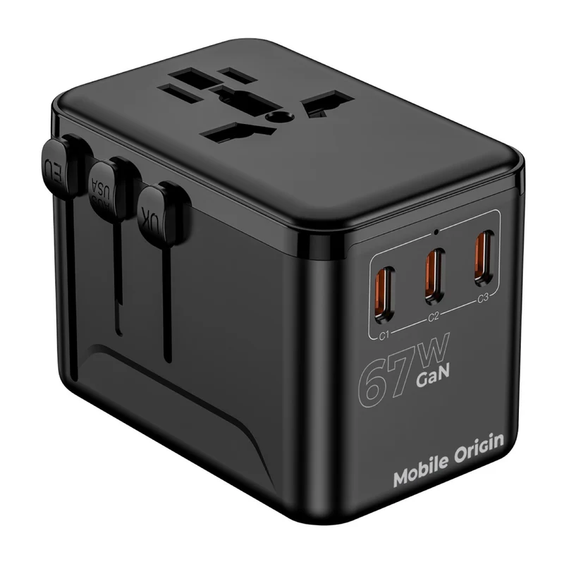 Cestovní adaptér GaN EU/UK/US/AUS 3× USB-C + USB-A PW5, 67W, Černá
