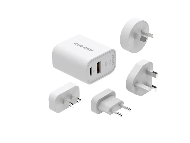 Cestovní nabíječka GaN USB-C + USB-A MO14, 30W, EU/USA/UK/AUS, Bílá