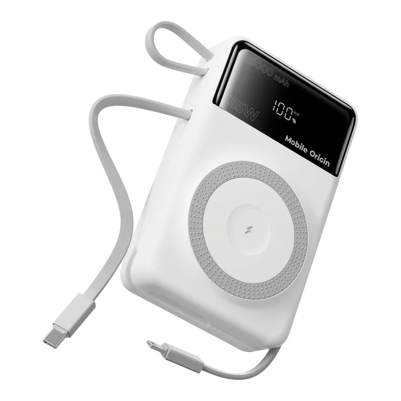 Bezdrátová magnetická powerbanka MagSafe s displejem a kabelem USB-C + Lightning PB15, 20000mAh, 35W, Bílá