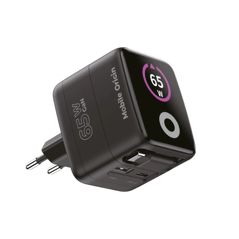 Síťová nabíječka GaN s displejem a samonavíjecím kabelem USB-C + USB-A PW3, 65W, 0,65 m, Černá