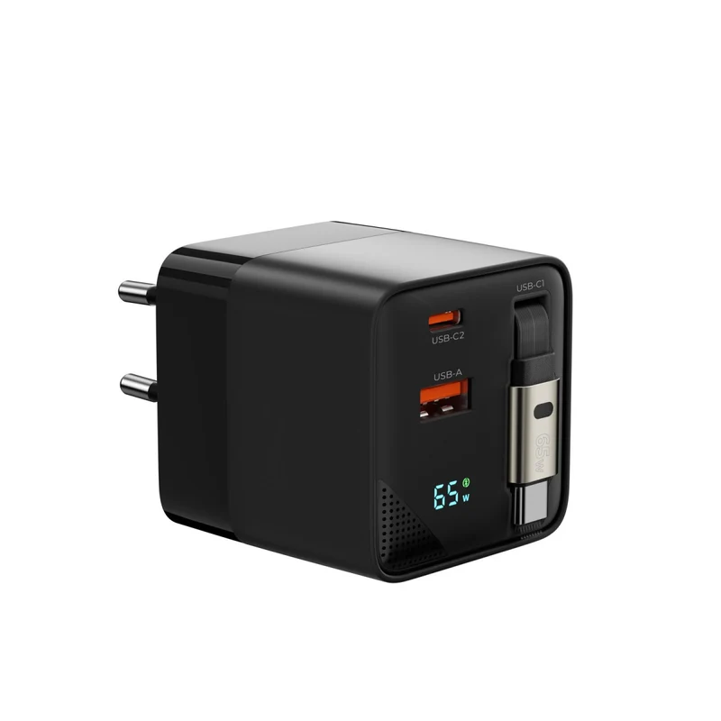 Síťová nabíječka GaN s displejem a navíjecím kabelem USB-C + USB-A PW2, 65W, Černá