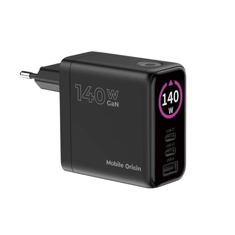 Síťová nabíječka GaN s displejem 2× USB-C + USB-A PW21, 140W, Černá