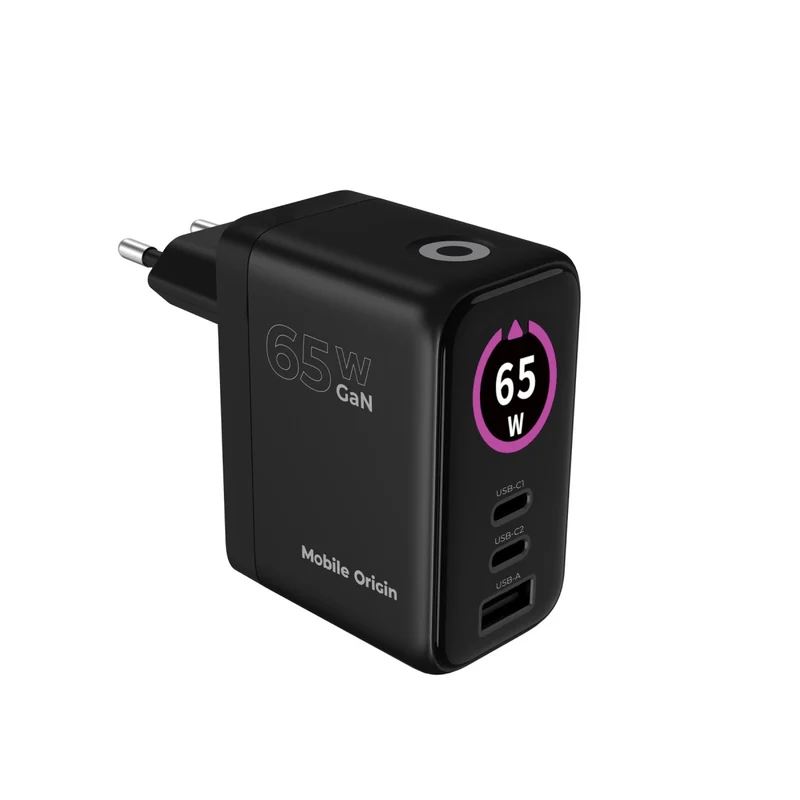 Síťová nabíječka GaN s displejem 2× USB-C + USB-A PW20, 65W, Černá