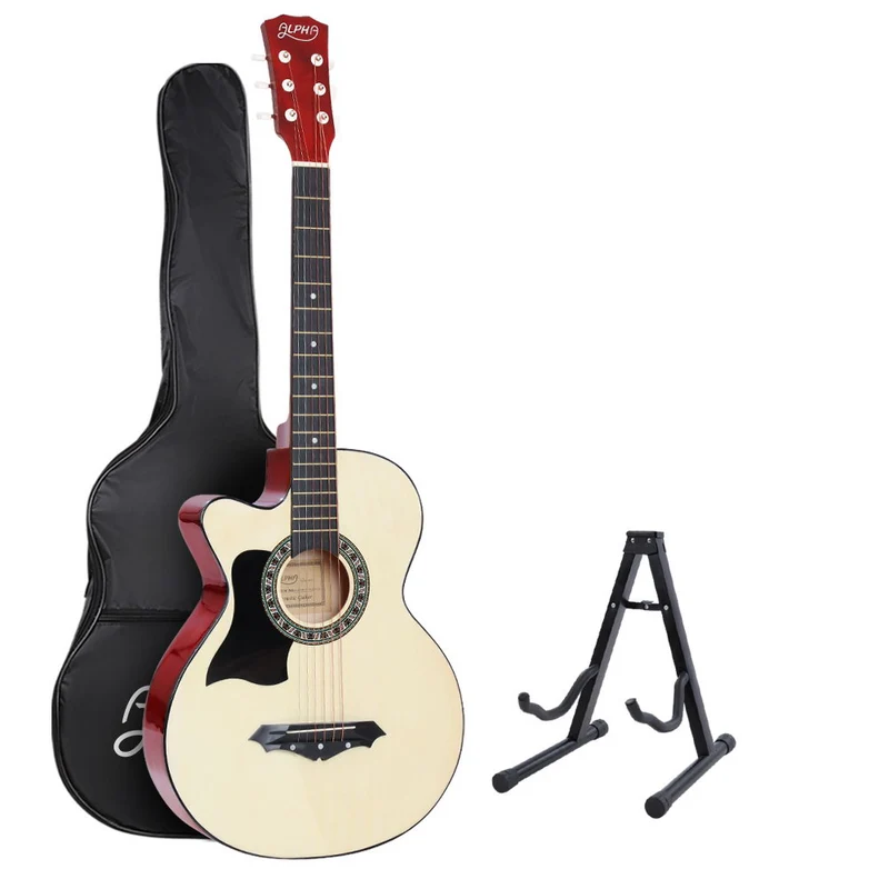 Alpha 38" Acoustic Guitar Wooden Body Steel String with Stand Left Handed